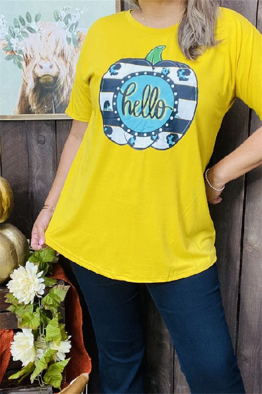 DLH9900 HELLO Pumpkin printed short sleeve t-shirt-- Collared Crew Neck Turtle Neck