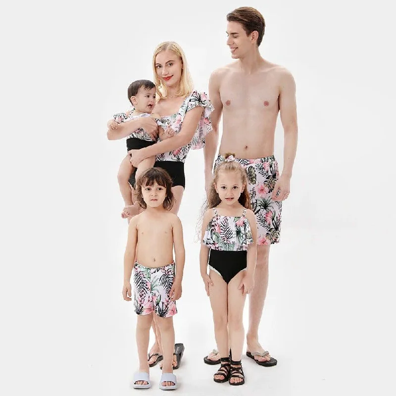 Family Matching Swimsuits Swim Trunks Plunge Neckline Swimsuit