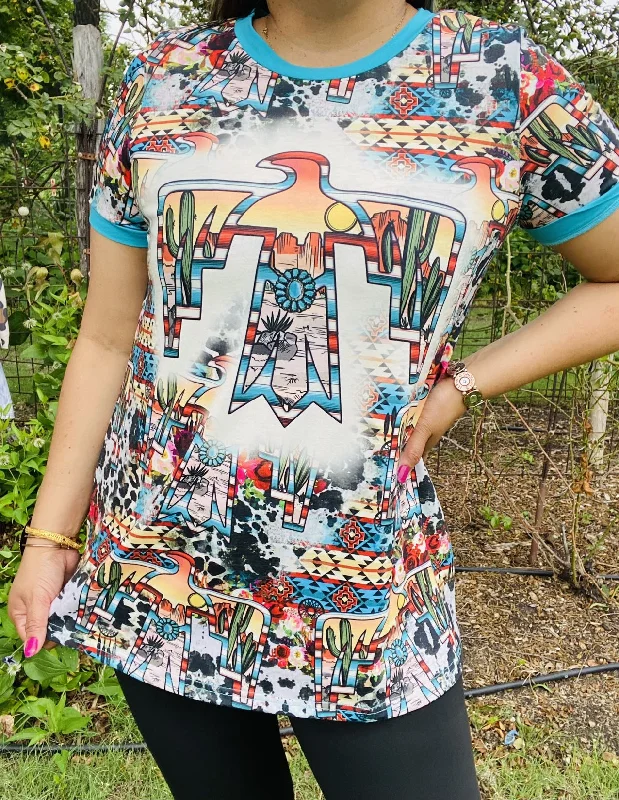 XCH12098 Thunder bird turquoise multi color printed short sleeve women t-shirt-- Nylon Fabric Polyester Fabric Spandex Fabric