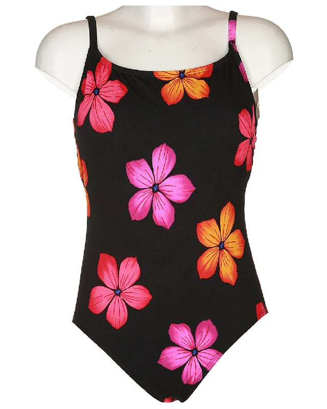90s Black Floral Swimsuit - L Classic Sporty Swimsuit