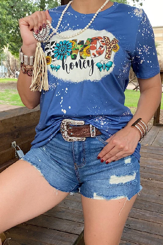 DLH10876 HOWDY HONEY Blue bleached t-shirt-- Hooded Caped Shawl Collar