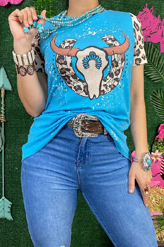 XCH11970  Blue horse shoe & bull skull leopard printed short sleeve t-shirt-- Hooded Caped Shawl Collar