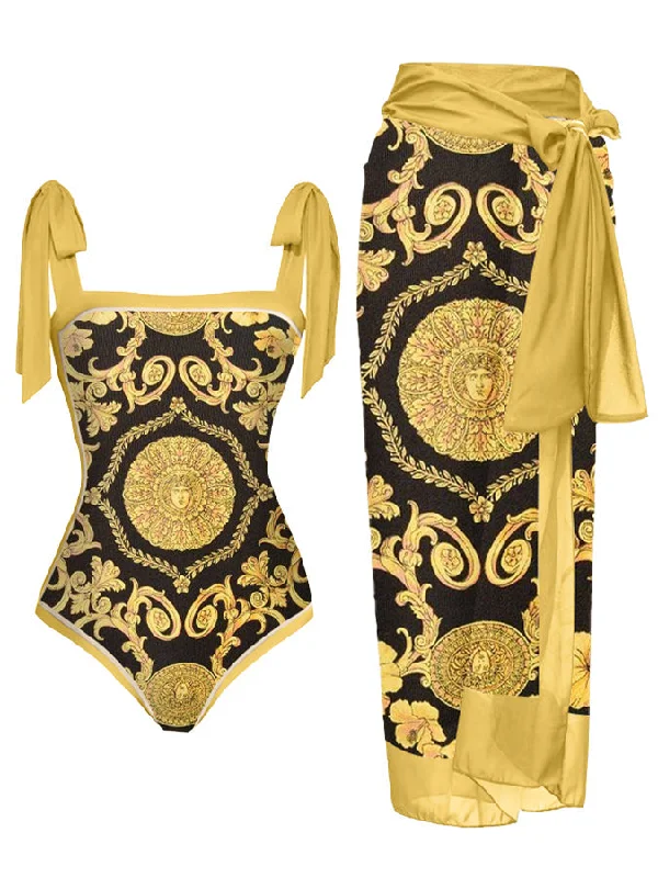Sexy Gold & Black Italian Print 1pc Swimsuit & Sarong Set Adjustable Swim Top