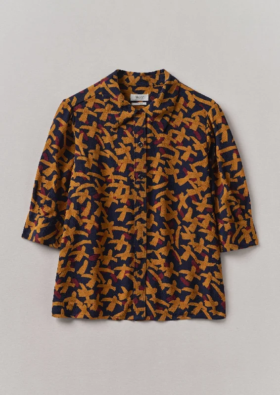 Gia Washi Print Shirt | Deep Blue/Marigold-- Boxy Fit Fitted Loose