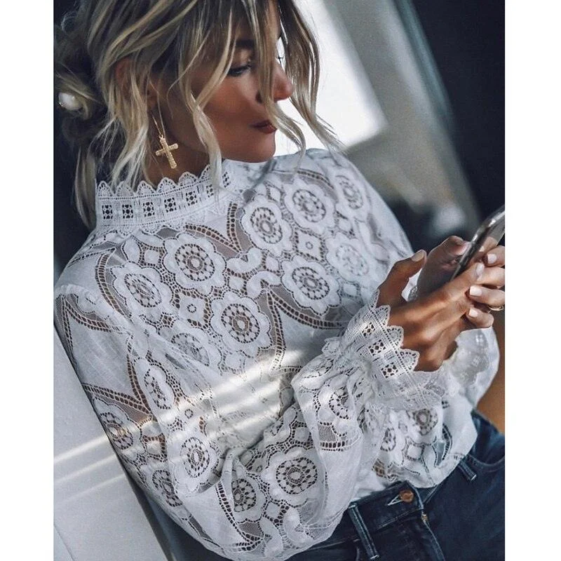 Sexy lace blouse white fashion full sleeve blusa feminina ladies tops vintage sexy lace shirt vetidos mujer spring new-- Wool Fabric Cashmere Fabric Tweed Fabric