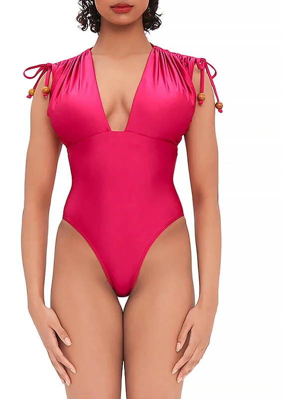 Womens Tie Shoulder Plunging One-Piece Swimsuit Sporty Swimsuit Style
