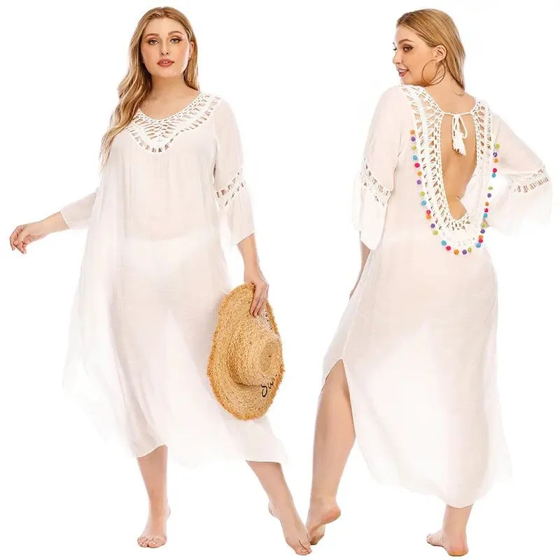 Plus Size White Beach Cover Up Summer Dress Cotton Tunic Beach Kaftan Women Beachwear Backless Swimsuit Cover Up Robe de plage B-26305 Fun Pattern Swimsuit