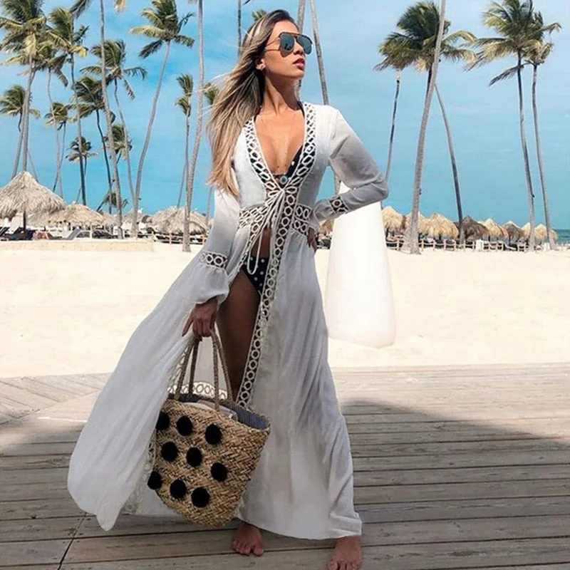Wjczt Beach Dress Summer Print Swimwear Women Sexy Cover Up Solid Long Tunic Bubble Sleeve Swimsuit With Belt Bathing Suit High-Waist Bikini Set