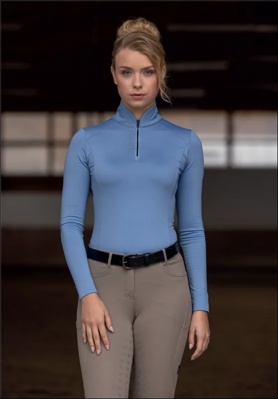 Covalliero Women's Active 1/4 Zip Shirt - Winter Sky-- Mesh Blend Leather Blend Suede Blend