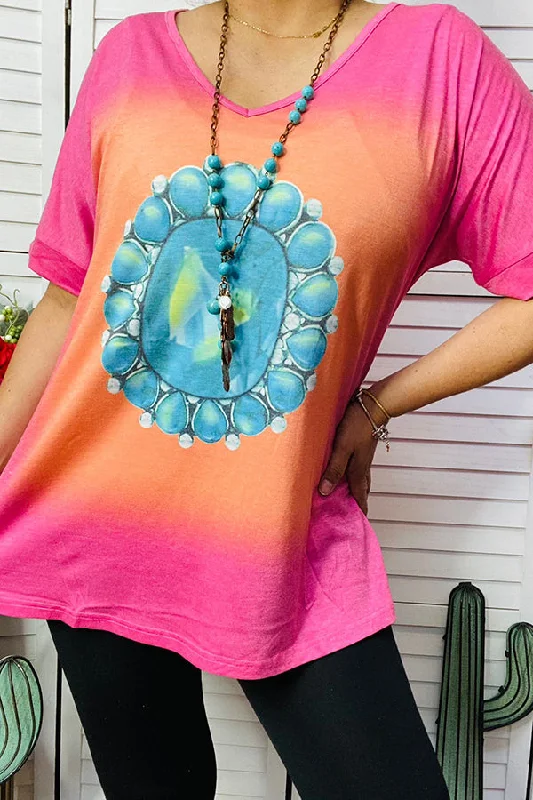 XCH10565 Pink & Orange t-shirt w/turquoise jewel print-- Casual Formal Business