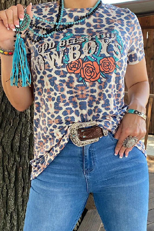 XCH11957 GOD BLESS THE COWBOYS Leopard printed short sleeve t-shirt-- Terry Blend Velvet Blend Canvas Blend
