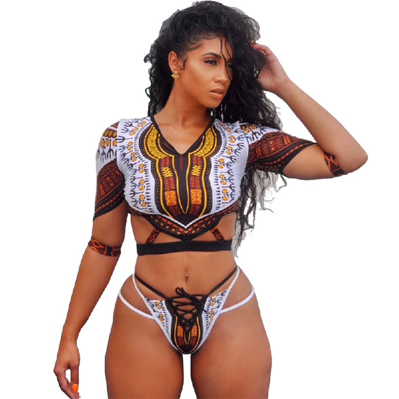 Dashiki Short Sleeve Thong Swimsuit Strappy Back Bikini