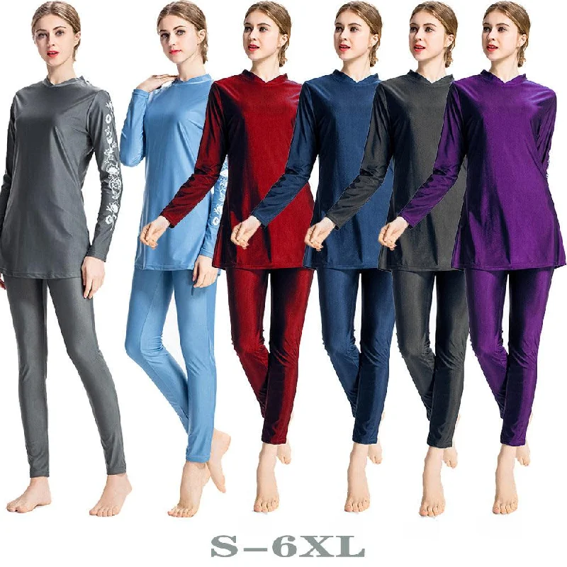 Muslim conservative swimsuit Hui AliExpress Middle East Express Amazon three piece sportswear set swimsuit set L099 V-Neck Swim Dress