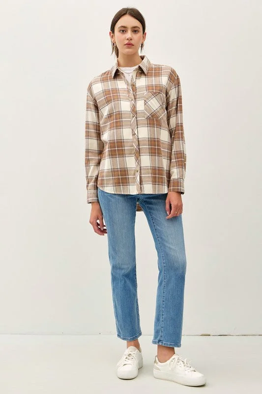Get Into Plaid Taupe Button Down Shirt (Size S/M)-- Houndstooth Herringbone Solid