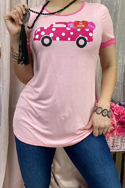 DLH8848 Valentines day pink/white polka dot truck w hearts printed t-shirt-- Chenille Blend Fleece Blend Nylon Blend