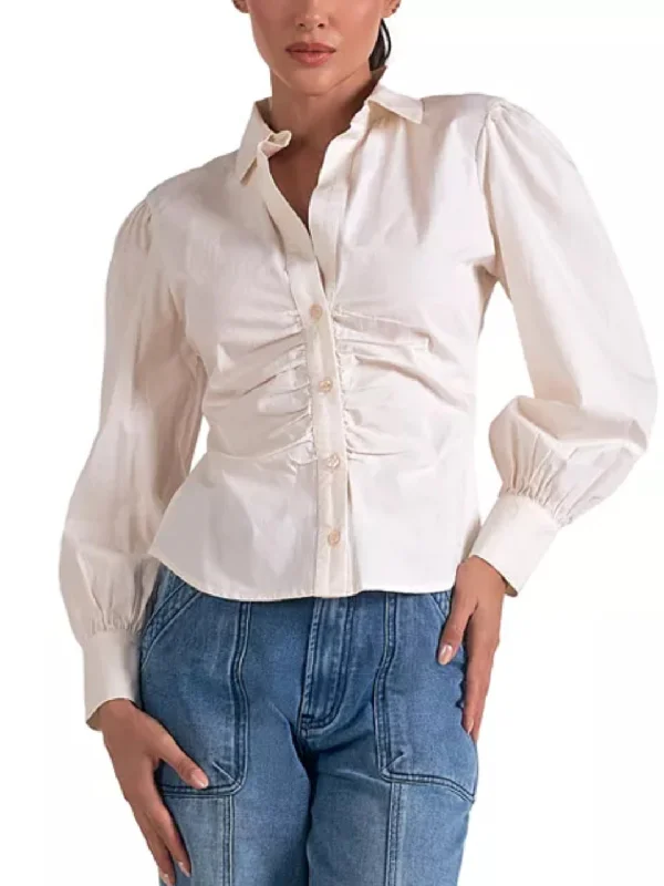 White Button Down Rouch Shirt-- Hooded Caped Shawl Collar
