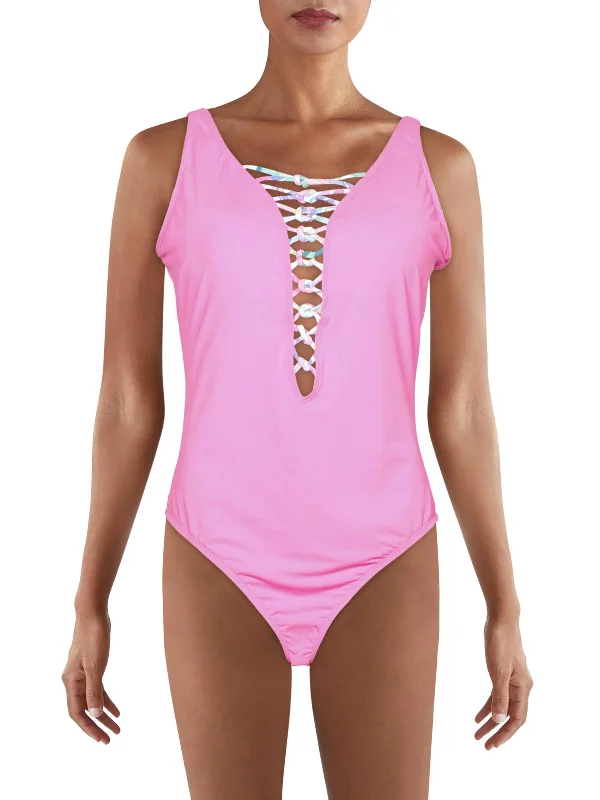 Womens Lace-Up Plunging One-Piece Swimsuit Sleek Racerback Swimsuit