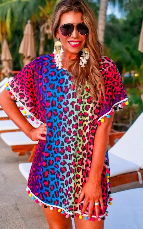Beach Babe Rainbow Leopard Swimsuit Cover Up, SM-4X! Deep-V Swimsuit Design