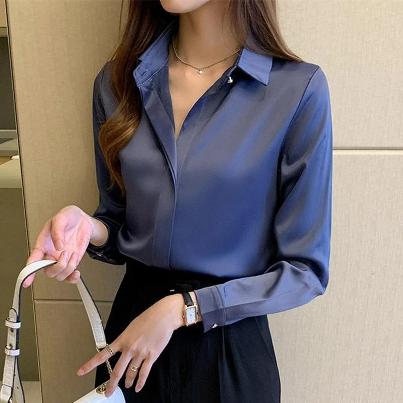 Silk Women's Shirt Long Sleeve-- Notch Collar Peter Pan Collar Cowl Neck