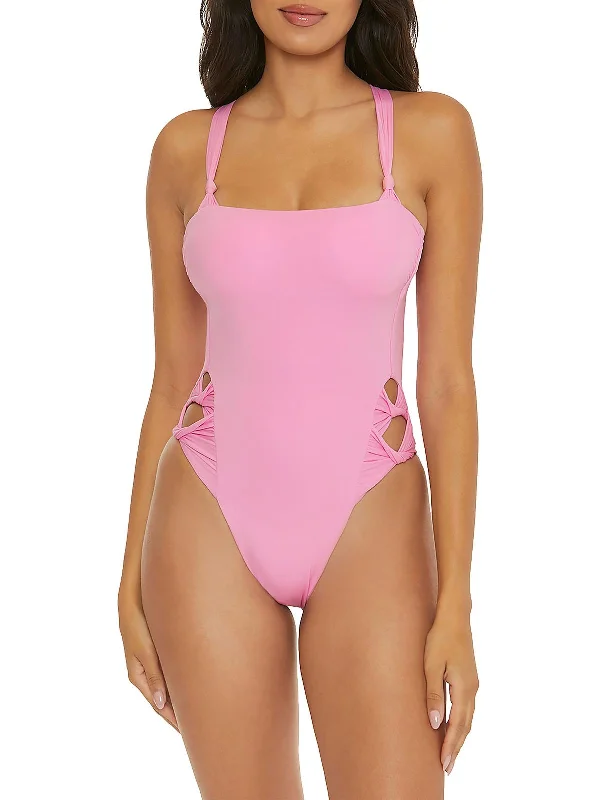 Womens Solid Nylon One-Piece Swimsuit Bold High-Cut Bikini