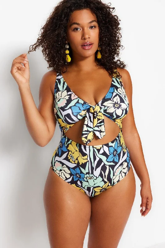 Multicolor Floral Patterned Tie Detailed Swimsuit TBBSS23AM00008 Elegant Ruffle Swimsuit