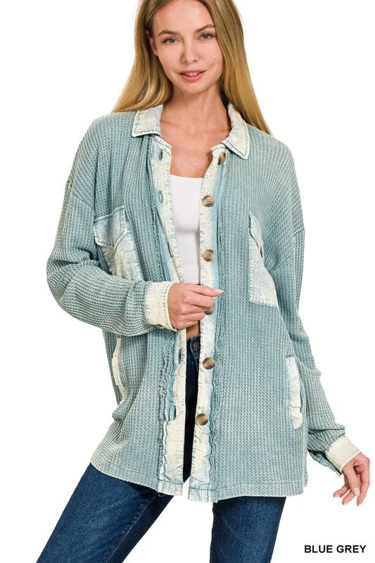 Live Colorfully Blue Grey Color Block Button Waffle Shirt-- Chenille Fabric Brocade Fabric Lace Fabric
