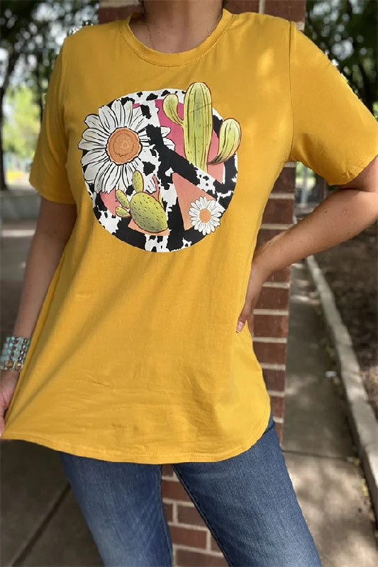 DLH10487 Yellow cow peace sign & cactus sunflower printed short sleeve women t-shirt-- Ribbed Striped Patterned