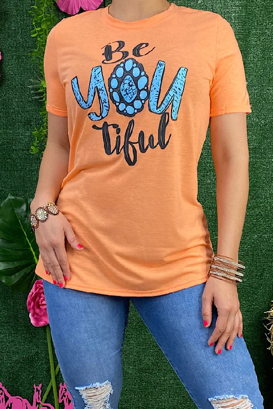 DLH11014 Orange BEYOUTIFUL turquoise jewel printed t-shirt-- Front Pockets Side Pockets Patch Pockets