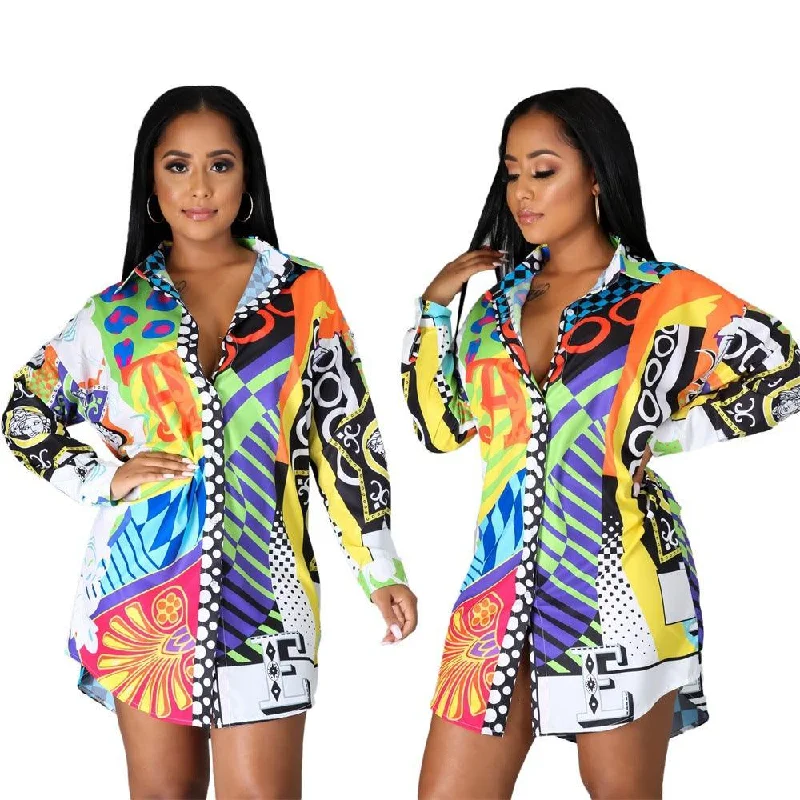 Cross-border European and American Amazon new autumn and winter printing long-sleeved fashion women's shirts-- Welt Pockets Slit Pockets