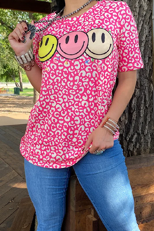 DLH12608-2 Pink leopard smiley face printed t-shirt-- Elasticated Padded Insulated