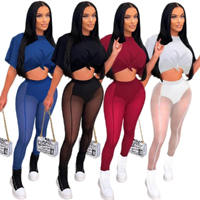 Cross-border women's sexy see-through stitching short-sleeved T-shirt mesh pencil pants suit women-- Notch Collar Peter Pan Collar Cowl Neck