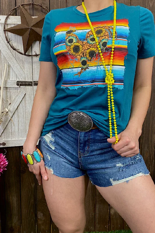 DLH9957 Teal/serape & sunflower printed rooster short sleeve t-shirt-- Anti-Shrink Durable Soft