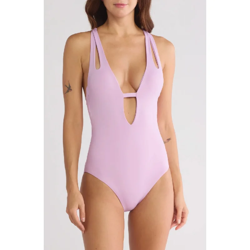 Becca Womens Deep V-Neck Teardrop One-Piece Swimsuit Medium Light Purple NWT Timeless Black Bikini