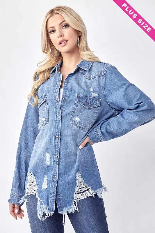 Im Not A Frayed Distressed Medium Denim Button Risen Plus Shirt (Size 1X)-- Wool Fabric Cashmere Fabric Tweed Fabric