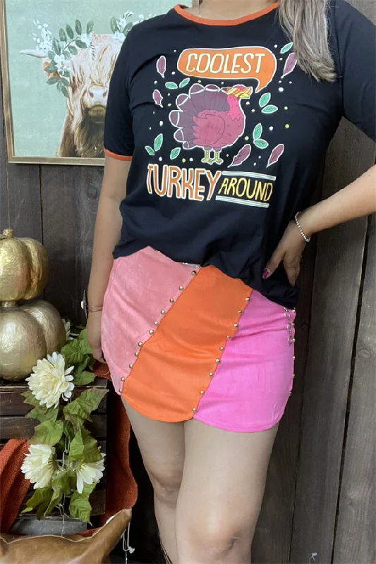 DLH10108"COOLEST TURKEY AROUND" Black printed women t-shirt IS4-- Polka Dot Checkered Tartan