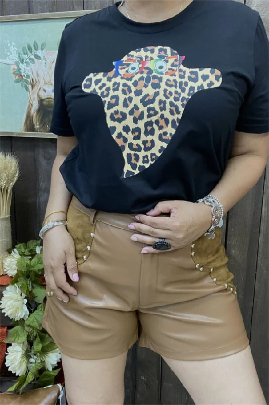 DLH10140 Black t-shirt w/cute leopard printed ghost w/glasses short sleeve women T-shirt IS5-- Embroidered Appliqued Beaded