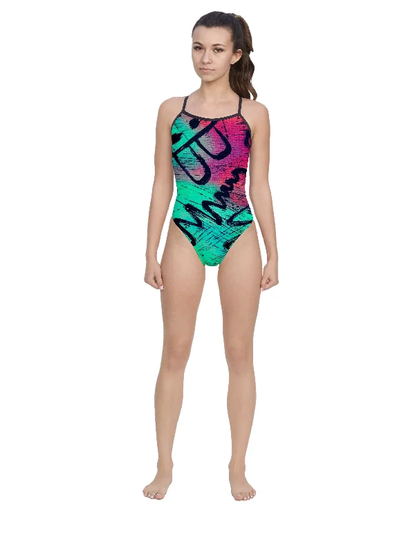 Graffiti 1989 Women’s Open Back Thin Strap Swimsuit Classic One-Piece