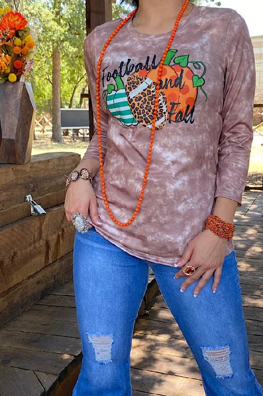 DLH9633 FOOTBALL AND FALL Pumpkin printed tie dye 3/4 sleeve t-shirt-- Hooded Caped Shawl Collar