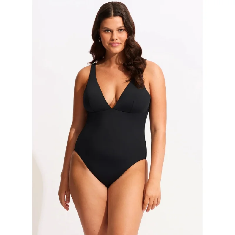 SEAFOLLY COLLECTIVE Women's V Neck One Piece Swimsuit Size 10 Black Two-Piece Beachwear