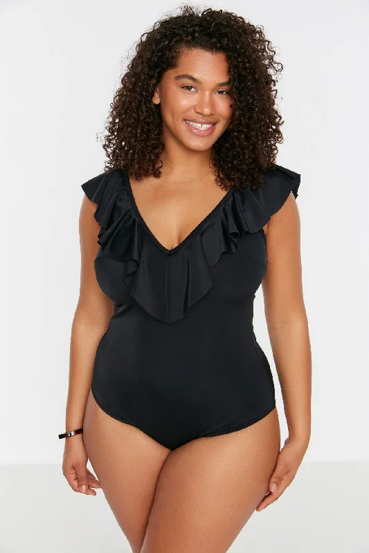 Black Ruffle Detailed Swimsuit TBBSS22MA0299 Deep-V Swimsuit Design