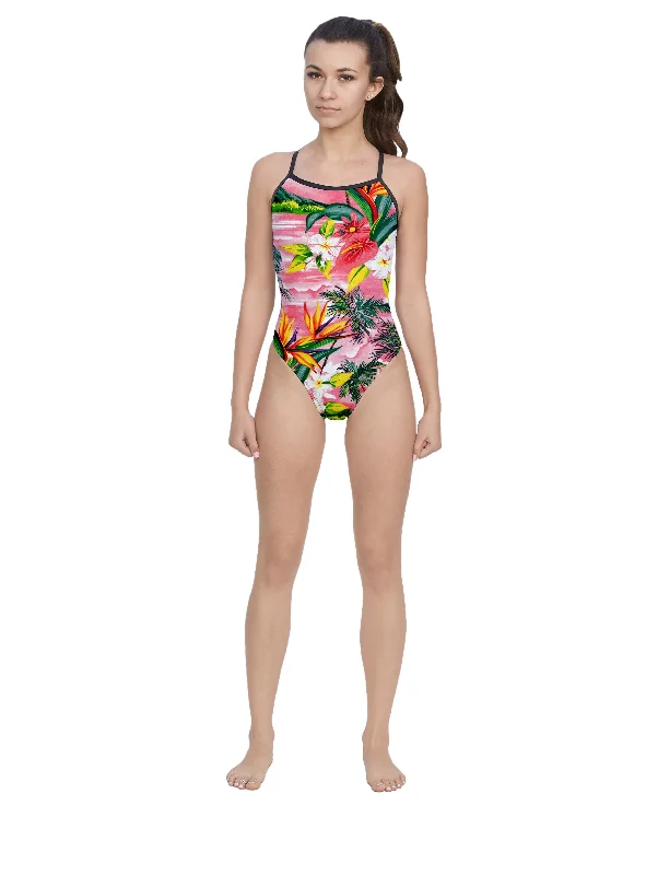 Fijian Sunset Women’s Open Back Thin Strap Swimsuit Sleek Racerback Swimsuit