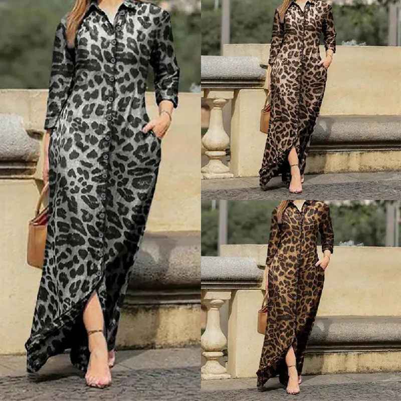 Popular Women's Long Sleeve Leopard Print Shirt Long Dress-- Collared T-Shirt Boat Neck A-Line