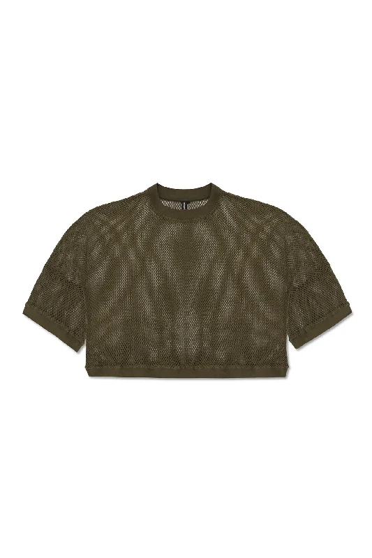 BOXER MESH SHIRT IN ARMY GREEN-- Beaded Sequined Faux Fur