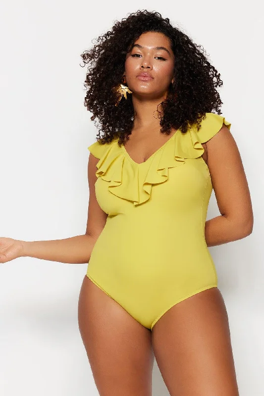 Oil Green Ruffle Detailed Swimsuit TBBSS22MA0299 High-Waisted Swim Bottoms