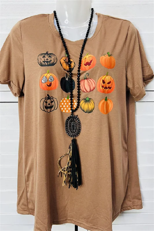 DLH9747 Rust multi pumpkin printed halloween t-shirt for women-- Plaid T-Shirt Polka Dot Checkered