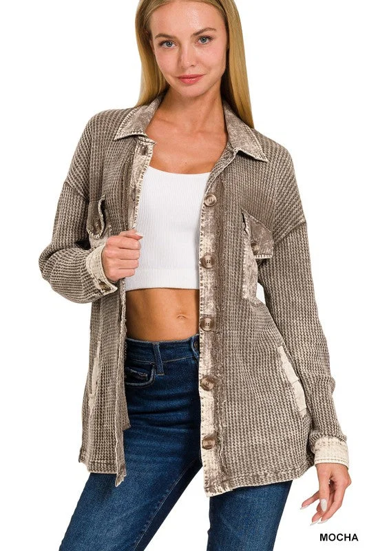 Live Colorfully Mocha Color Block Button Waffle Shirt (Size Small)-- Fleece Fabric Down Fabric Feather Fabric