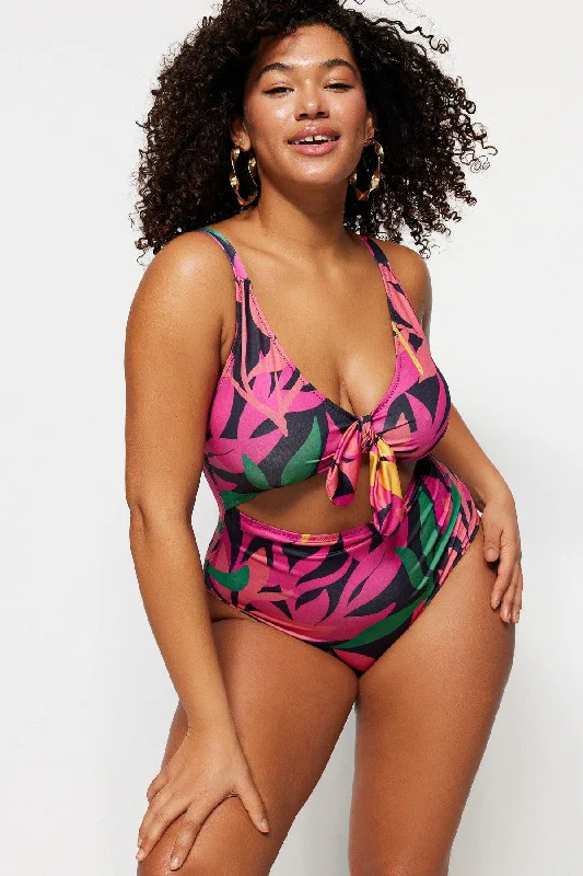 Black Tropical Patterned Tie Detailed Swimsuit TBBSS23AM00008 Beach Ready Swimsuit