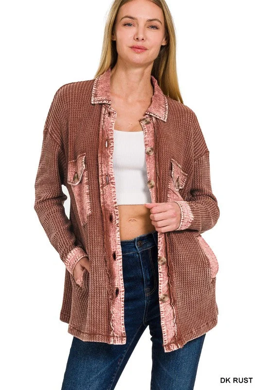 Live Colorfully Dark Rust Color Block Button Waffle Shirt (Size Medium)-- Rayon Fabric Velvet Fabric Corduroy Fabric