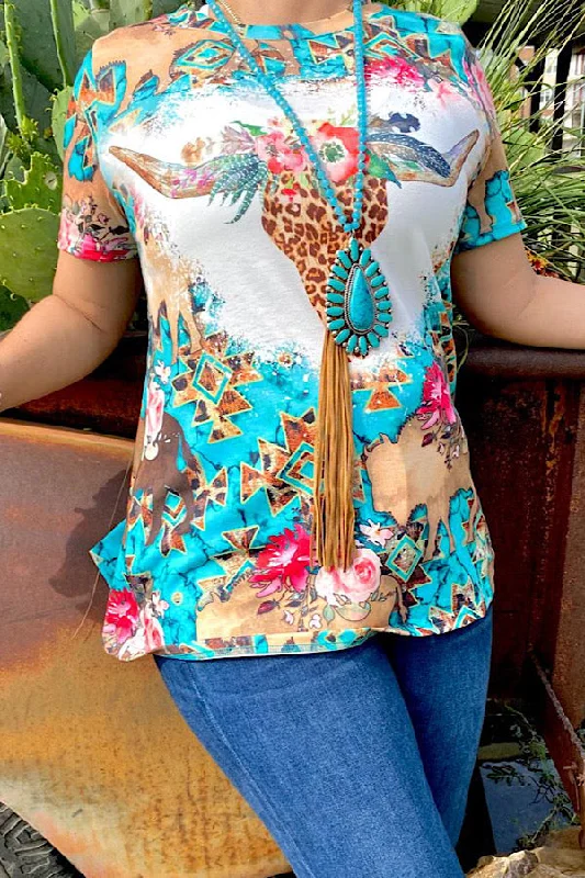 XCH13410 Aztec turquoise bull skull printed t-shirt-- Terry Blend Velvet Blend Canvas Blend