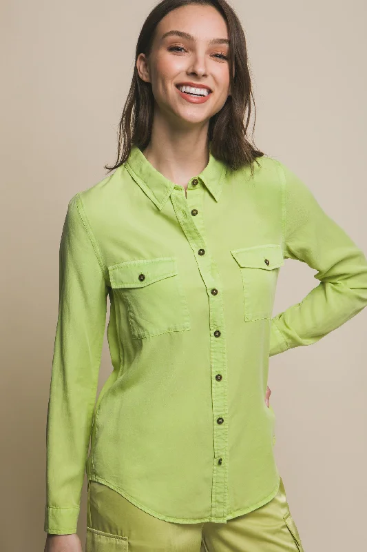 Dish It Up Scoop Neck Lime Button Down Shirt-- Front Pockets Side Pockets Patch Pockets
